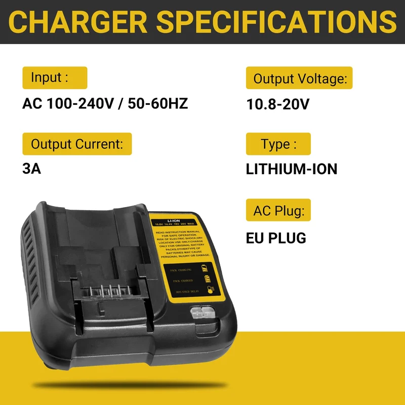 TOPBATT DCB107 sostituto del caricabatterie per Dewalt 10,8~20V 3A con indicatore LED caricabatterie
