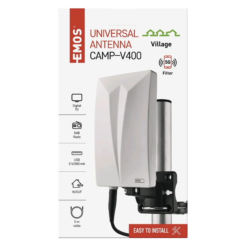 EMOS Antenna interna ed esterna Village, antenna attiva universale per ricezione remota (0-80 km) di DVB-T2, DAB, FM, Full HD, con filtro di blocco LTE integrato, filtro 4G, 5G e amplificatore
