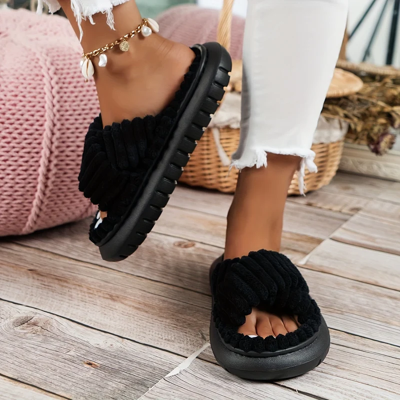 Cross Strap Platform Slippers, Pantofole Casual Slip On In Peluche, Scarpe Da Casa Comode Per Interni