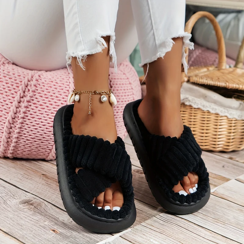 Cross Strap Platform Slippers, Pantofole Casual Slip On In Peluche, Scarpe Da Casa Comode Per Interni