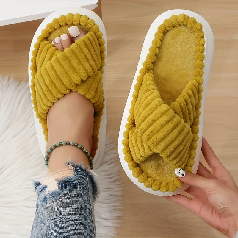 Cross Strap Platform Slippers, Pantofole Casual Slip On In Peluche, Scarpe Da Casa Comode Per Interni