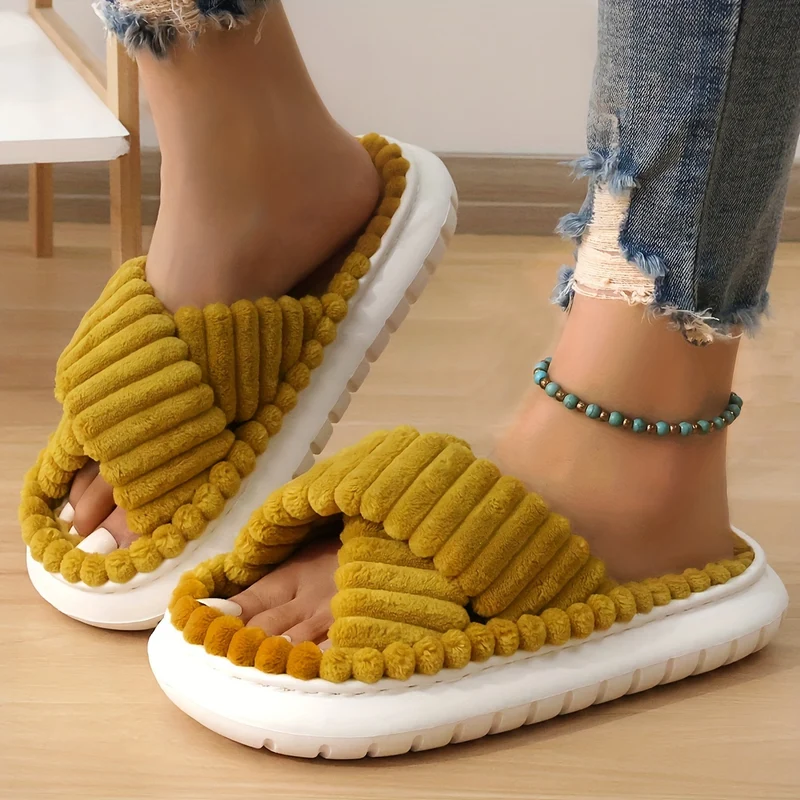 Cross Strap Platform Slippers, Pantofole Casual Slip On In Peluche, Scarpe Da Casa Comode Per Interni