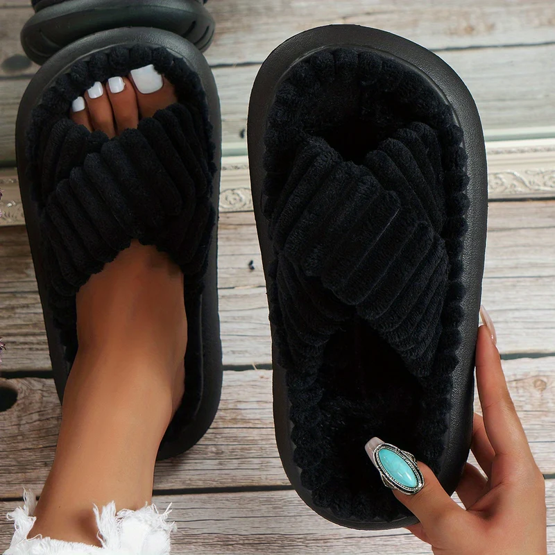 Cross Strap Platform Slippers, Pantofole Casual Slip On In Peluche, Scarpe Da Casa Comode Per Interni