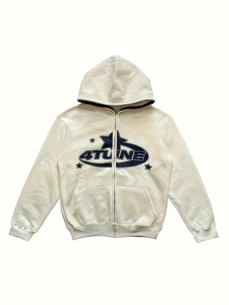 Felpa Con Stampa A Stelle E Lettere Y2K, Felpe Con Cappuccio A Manica Lunga A Girocollo Con Cerniera, Abbigliamento Donna