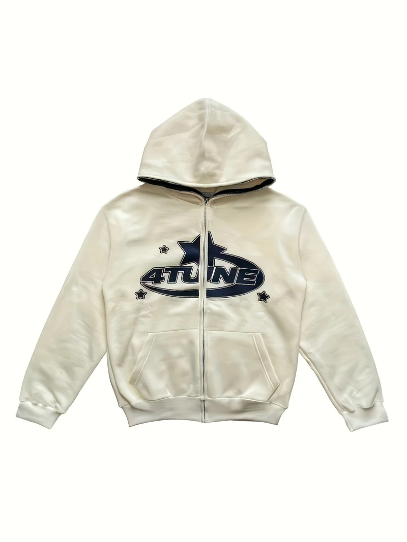 Felpa Con Stampa A Stelle E Lettere Y2K, Felpe Con Cappuccio A Manica Lunga A Girocollo Con Cerniera, Abbigliamento Donna