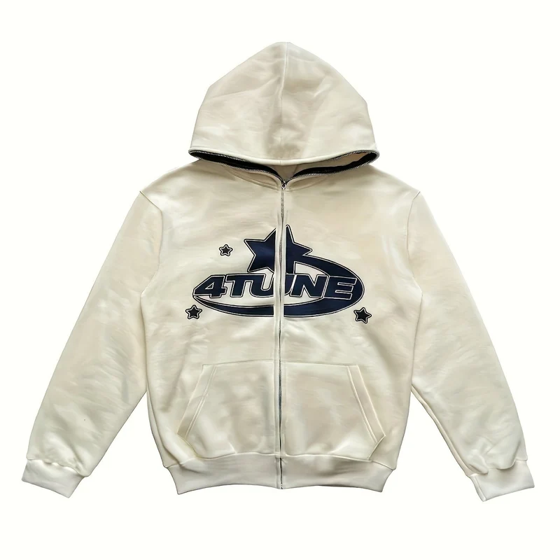 Felpa Con Stampa A Stelle E Lettere Y2K, Felpe Con Cappuccio A Manica Lunga A Girocollo Con Cerniera, Abbigliamento Donna