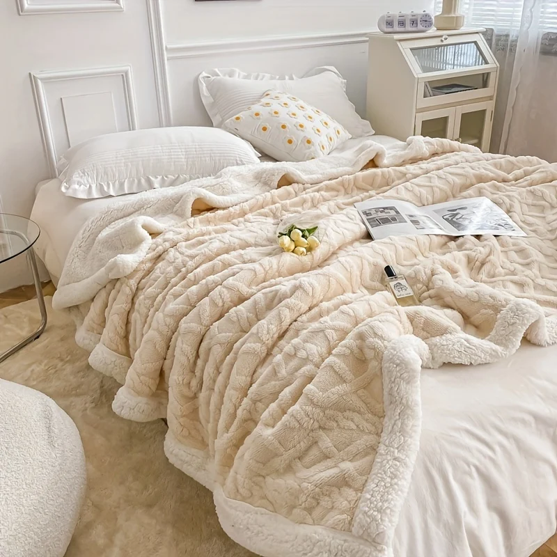 Coperta In Velluto Di Agnello In Velluto A Torre Jacquard A Doppio Strato In Tinta Unita Da 1 Pezzo, Coperta Per Letto Singolo Ispessita, Coperta Per Aria Condizionata