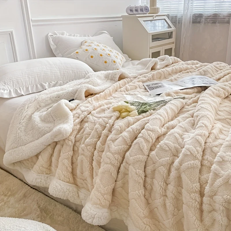 Coperta In Velluto Di Agnello In Velluto A Torre Jacquard A Doppio Strato In Tinta Unita Da 1 Pezzo, Coperta Per Letto Singolo Ispessita, Coperta Per Aria Condizionata