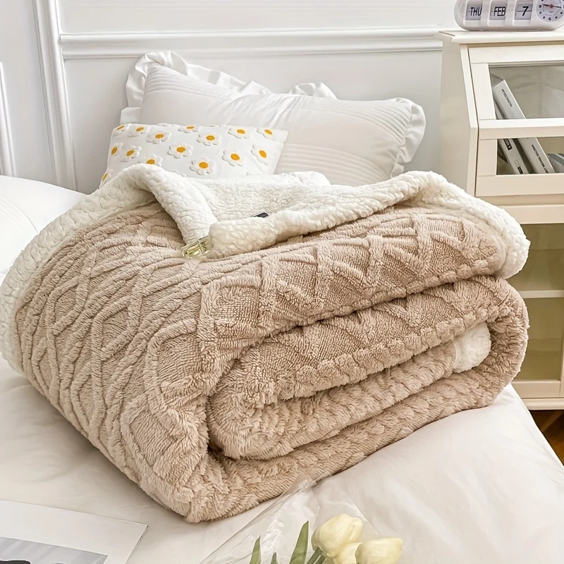 Coperta In Velluto Di Agnello In Velluto A Torre Jacquard A Doppio Strato In Tinta Unita Da 1 Pezzo, Coperta Per Letto Singolo Ispessita, Coperta Per Aria Condizionata