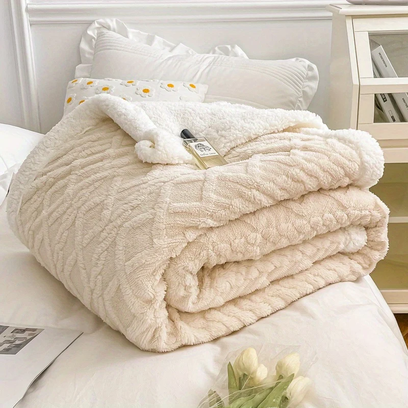 Coperta In Velluto Di Agnello In Velluto A Torre Jacquard A Doppio Strato In Tinta Unita Da 1 Pezzo, Coperta Per Letto Singolo Ispessita, Coperta Per Aria Condizionata