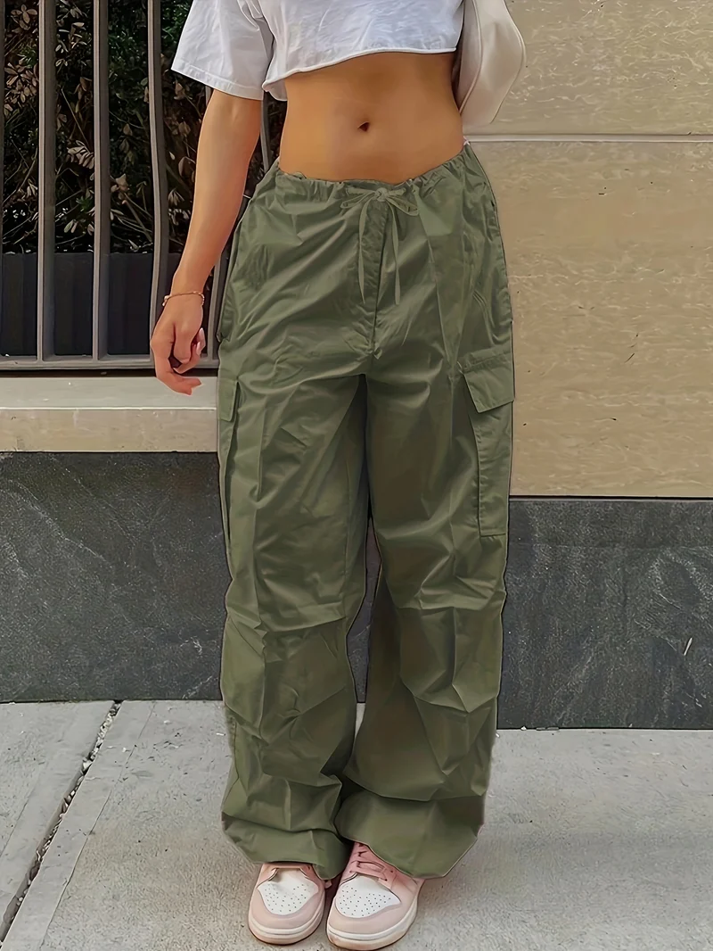Pantaloni Cargo Larghi Con Chiusura A Cordoncino Y2K, Pantaloni Alla Moda Casual A Vita Alta Con Tasche E Gambe Ampie In Tinta Unita, Abbigliamento Femminile