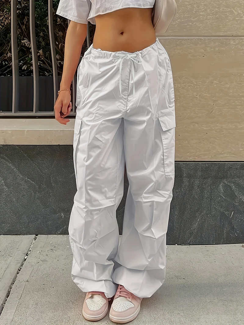 Pantaloni Cargo Larghi Con Chiusura A Cordoncino Y2K, Pantaloni Alla Moda Casual A Vita Alta Con Tasche E Gambe Ampie In Tinta Unita, Abbigliamento Femminile