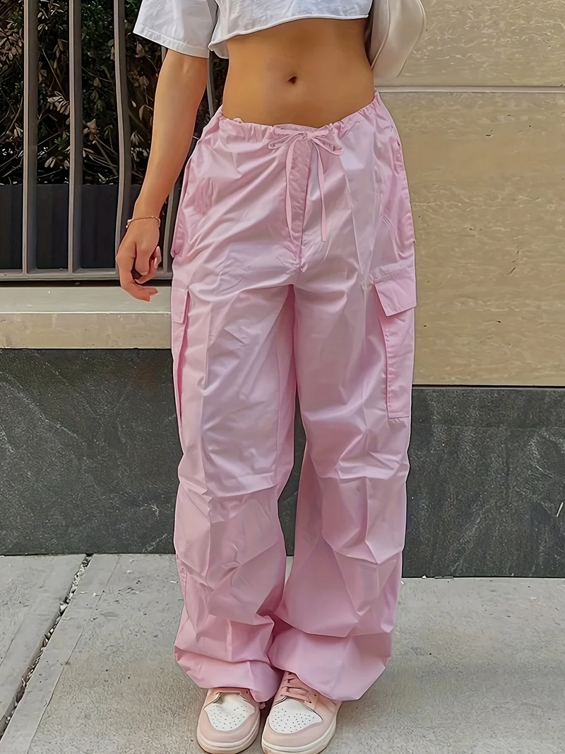 Pantaloni Cargo Larghi Con Chiusura A Cordoncino Y2K, Pantaloni Alla Moda Casual A Vita Alta Con Tasche E Gambe Ampie In Tinta Unita, Abbigliamento Femminile