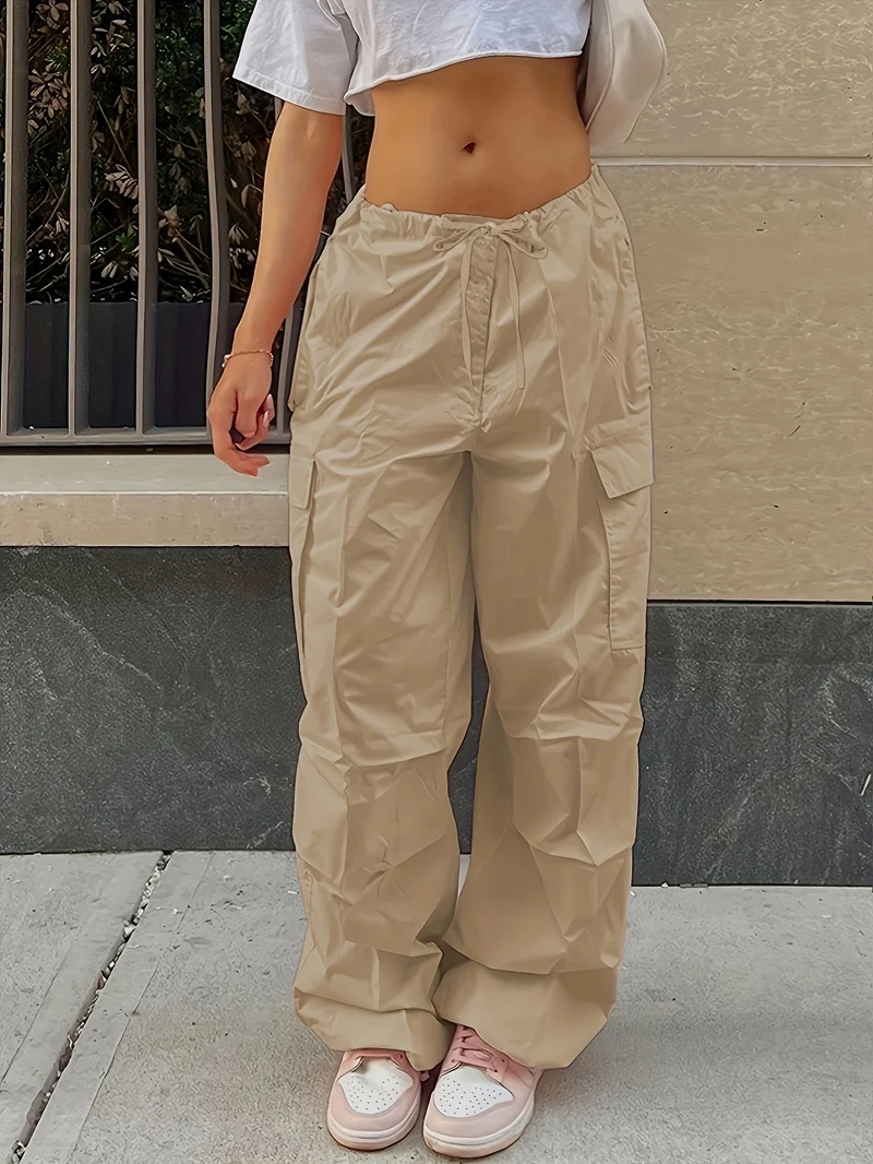 Pantaloni Cargo Larghi Con Chiusura A Cordoncino Y2K, Pantaloni Alla Moda Casual A Vita Alta Con Tasche E Gambe Ampie In Tinta Unita, Abbigliamento Femminile