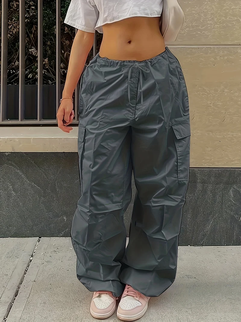 Pantaloni Cargo Larghi Con Chiusura A Cordoncino Y2K, Pantaloni Alla Moda Casual A Vita Alta Con Tasche E Gambe Ampie In Tinta Unita, Abbigliamento Femminile