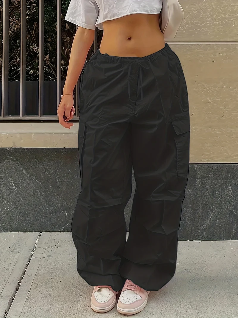 Pantaloni Cargo Larghi Con Chiusura A Cordoncino Y2K, Pantaloni Alla Moda Casual A Vita Alta Con Tasche E Gambe Ampie In Tinta Unita, Abbigliamento Femminile