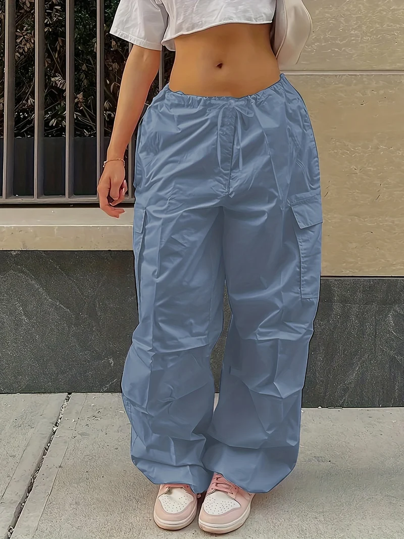 Pantaloni Cargo Larghi Con Chiusura A Cordoncino Y2K, Pantaloni Alla Moda Casual A Vita Alta Con Tasche E Gambe Ampie In Tinta Unita, Abbigliamento Femminile