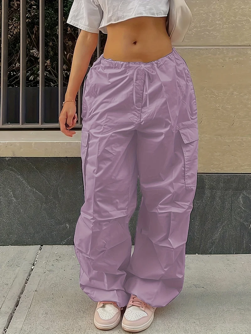 Pantaloni Cargo Larghi Con Chiusura A Cordoncino Y2K, Pantaloni Alla Moda Casual A Vita Alta Con Tasche E Gambe Ampie In Tinta Unita, Abbigliamento Femminile