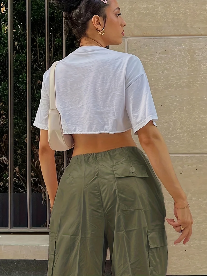 Pantaloni Cargo Larghi Con Chiusura A Cordoncino Y2K, Pantaloni Alla Moda Casual A Vita Alta Con Tasche E Gambe Ampie In Tinta Unita, Abbigliamento Femminile