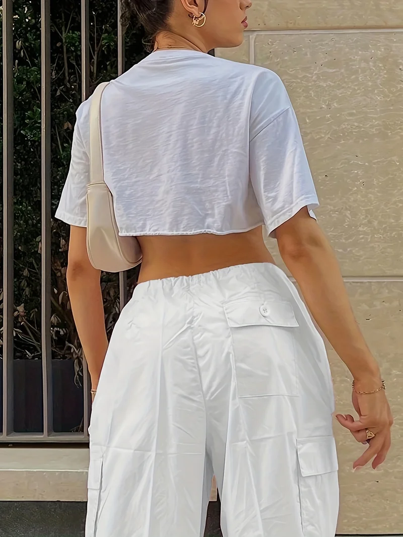 Pantaloni Cargo Larghi Con Chiusura A Cordoncino Y2K, Pantaloni Alla Moda Casual A Vita Alta Con Tasche E Gambe Ampie In Tinta Unita, Abbigliamento Femminile