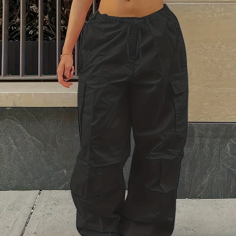 Pantaloni Cargo Larghi Con Chiusura A Cordoncino Y2K, Pantaloni Alla Moda Casual A Vita Alta Con Tasche E Gambe Ampie In Tinta Unita, Abbigliamento Femminile