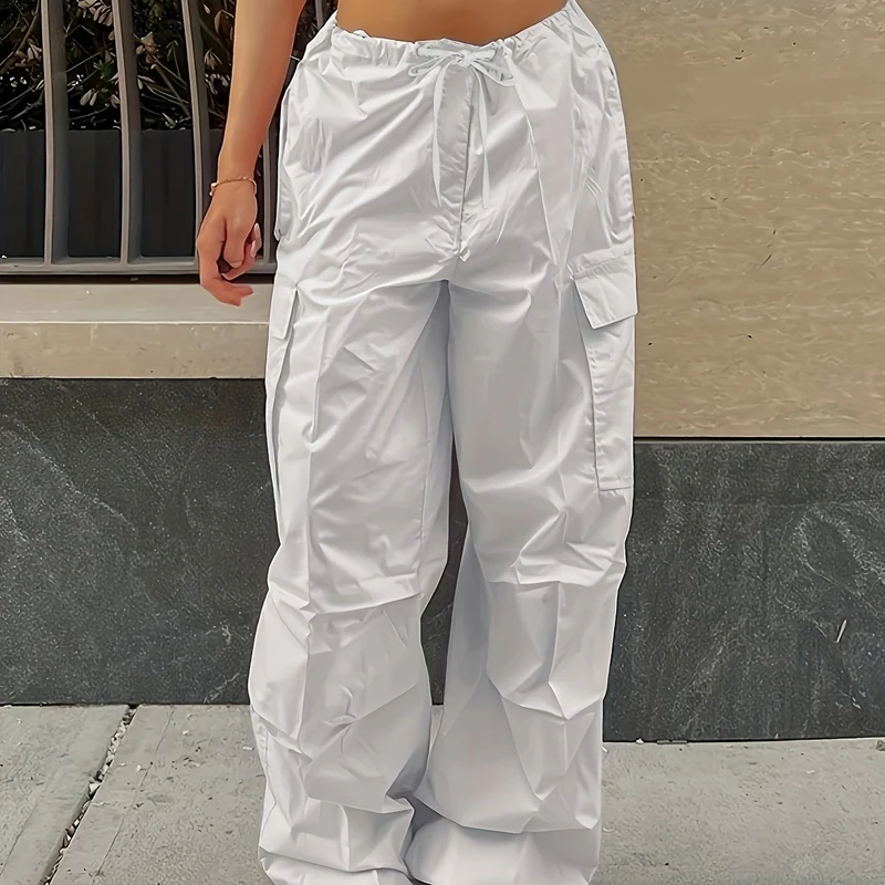 Pantaloni Cargo Larghi Con Chiusura A Cordoncino Y2K, Pantaloni Alla Moda Casual A Vita Alta Con Tasche E Gambe Ampie In Tinta Unita, Abbigliamento Femminile