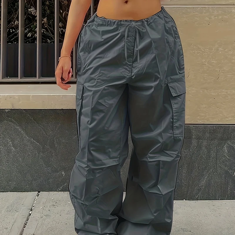 Pantaloni Cargo Larghi Con Chiusura A Cordoncino Y2K, Pantaloni Alla Moda Casual A Vita Alta Con Tasche E Gambe Ampie In Tinta Unita, Abbigliamento Femminile