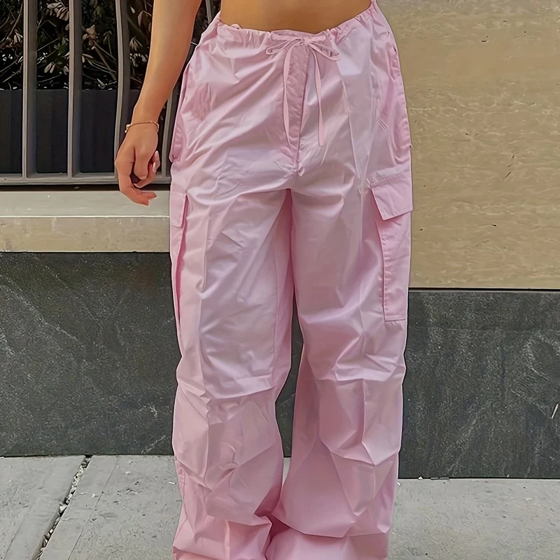 Pantaloni Cargo Larghi Con Chiusura A Cordoncino Y2K, Pantaloni Alla Moda Casual A Vita Alta Con Tasche E Gambe Ampie In Tinta Unita, Abbigliamento Femminile