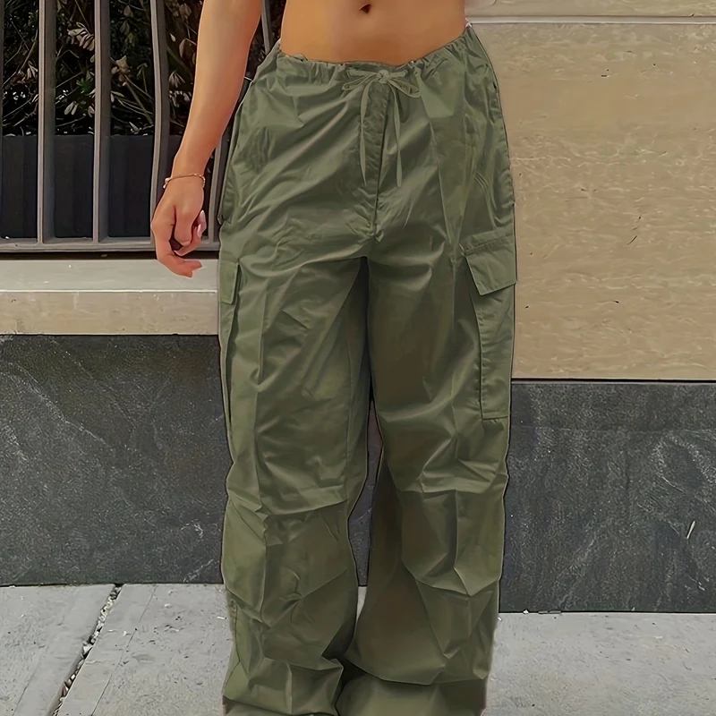 Pantaloni Cargo Larghi Con Chiusura A Cordoncino Y2K, Pantaloni Alla Moda Casual A Vita Alta Con Tasche E Gambe Ampie In Tinta Unita, Abbigliamento Femminile