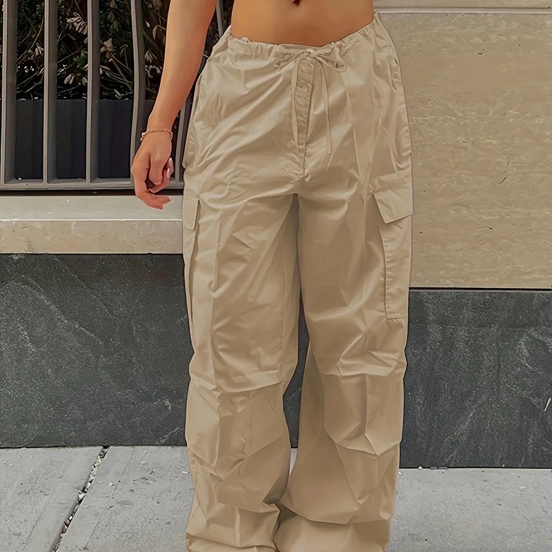 Pantaloni Cargo Larghi Con Chiusura A Cordoncino Y2K, Pantaloni Alla Moda Casual A Vita Alta Con Tasche E Gambe Ampie In Tinta Unita, Abbigliamento Femminile