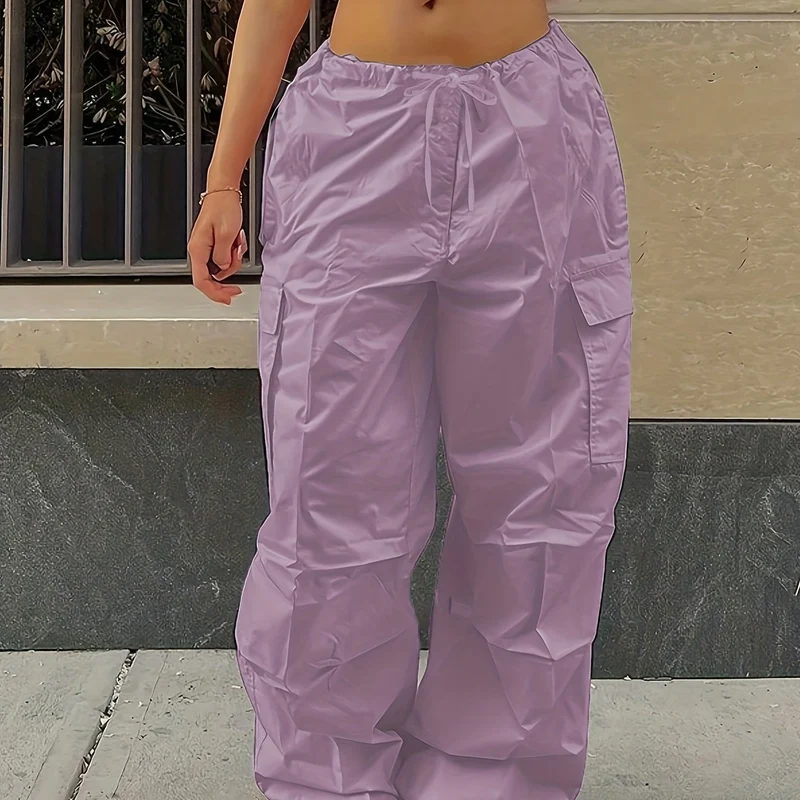 Pantaloni Cargo Larghi Con Chiusura A Cordoncino Y2K, Pantaloni Alla Moda Casual A Vita Alta Con Tasche E Gambe Ampie In Tinta Unita, Abbigliamento Femminile