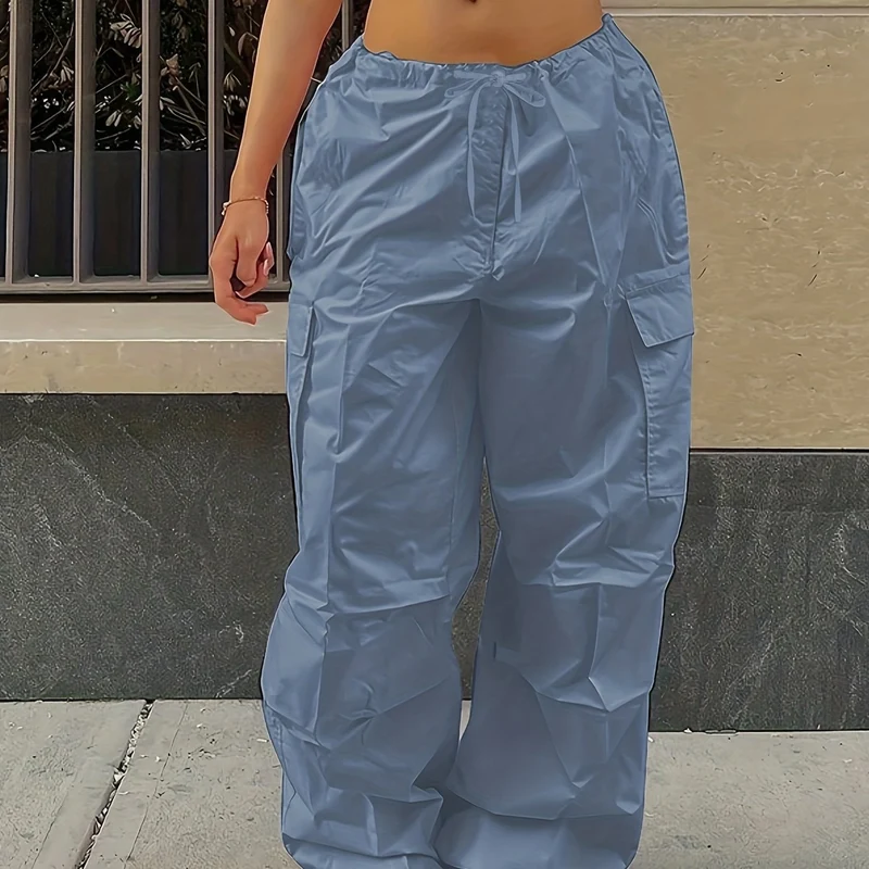 Pantaloni Cargo Larghi Con Chiusura A Cordoncino Y2K, Pantaloni Alla Moda Casual A Vita Alta Con Tasche E Gambe Ampie In Tinta Unita, Abbigliamento Femminile