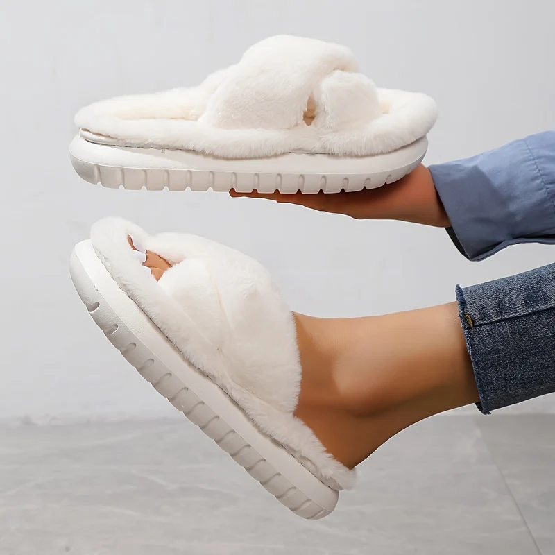 Pantofole Da Casa In Pelliccia A Piattaforma Per Donne, Ciabatte Casual A Croce Solida Con Punta Aperta, Scarpe Comode Da Interno Piatte Per Donne