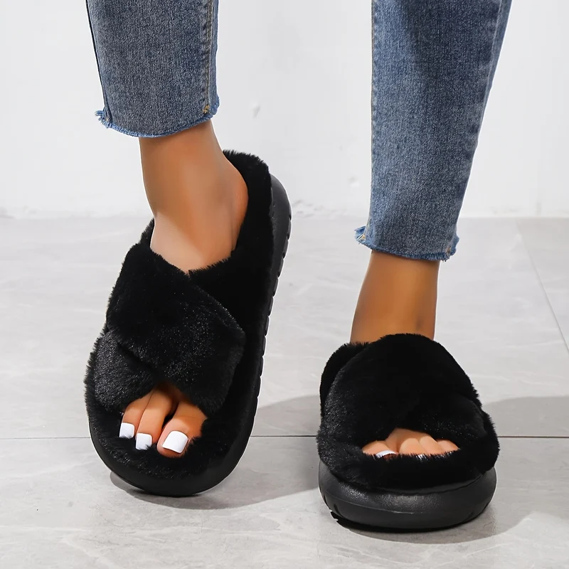 Pantofole Da Casa In Pelliccia A Piattaforma Per Donne, Ciabatte Casual A Croce Solida Con Punta Aperta, Scarpe Comode Da Interno Piatte Per Donne