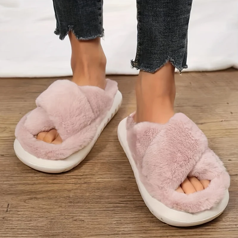 Pantofole Da Casa In Pelliccia A Piattaforma Per Donne, Ciabatte Casual A Croce Solida Con Punta Aperta, Scarpe Comode Da Interno Piatte Per Donne