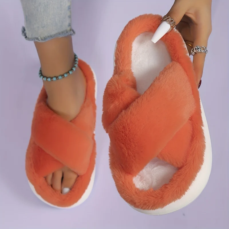 Pantofole Da Casa In Pelliccia A Piattaforma Per Donne, Ciabatte Casual A Croce Solida Con Punta Aperta, Scarpe Comode Da Interno Piatte Per Donne