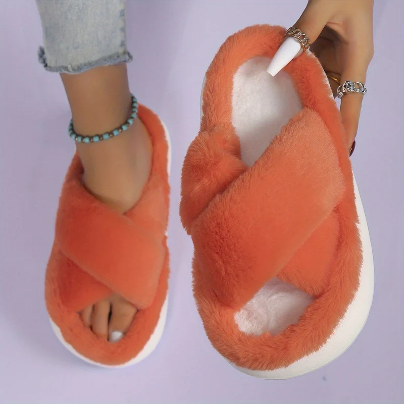Pantofole Da Casa In Pelliccia A Piattaforma Per Donne, Ciabatte Casual A Croce Solida Con Punta Aperta, Scarpe Comode Da Interno Piatte Per Donne