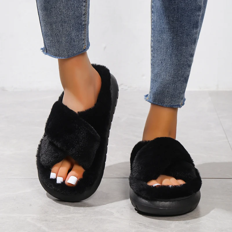 Pantofole Da Casa In Pelliccia A Piattaforma Per Donne, Ciabatte Casual A Croce Solida Con Punta Aperta, Scarpe Comode Da Interno Piatte Per Donne