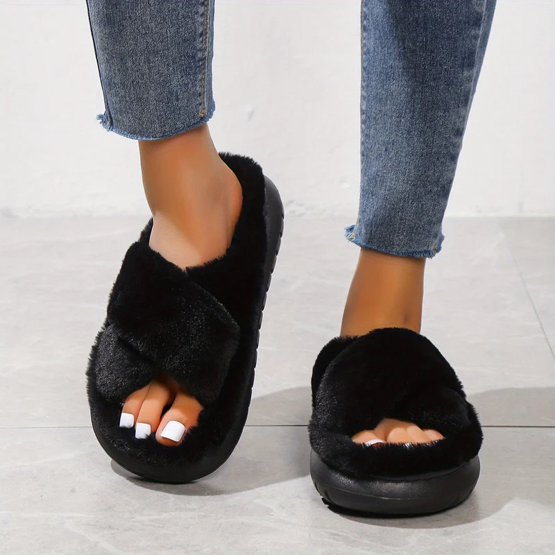 Pantofole Da Casa In Pelliccia A Piattaforma Per Donne, Ciabatte Casual A Croce Solida Con Punta Aperta, Scarpe Comode Da Interno Piatte Per Donne
