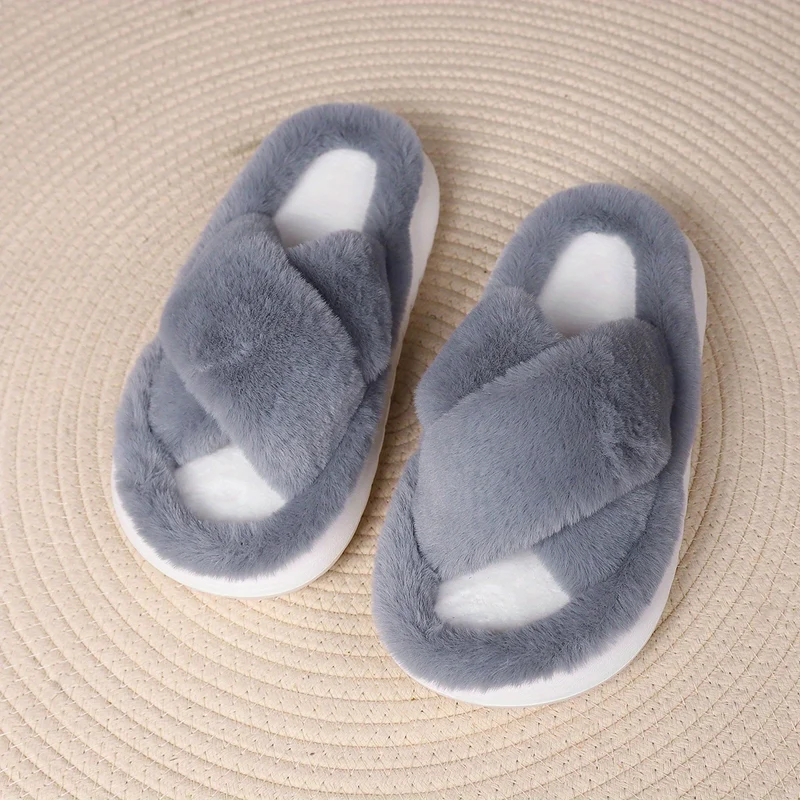 Pantofole Da Casa In Pelliccia A Piattaforma Per Donne, Ciabatte Casual A Croce Solida Con Punta Aperta, Scarpe Comode Da Interno Piatte Per Donne