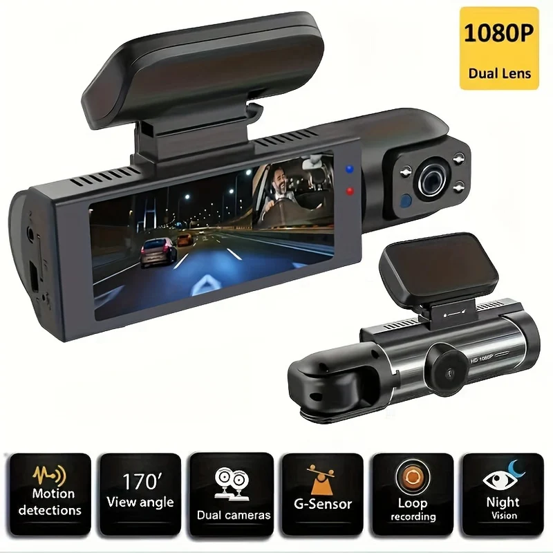 Dash Cam Anteriore E Interna, Dash Cam Da 3,16 Pollici 1080P, Sensore G HD Visione Notturna Registrazione In Loop DVR Per Auto Grandangolare (la Posizione Del Fotodiodo Blu È Casuale)