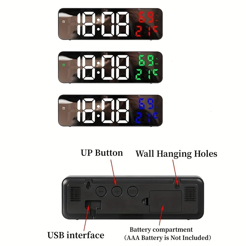 1pc 22.86cm Grande Orologio Da Parete Digitale Con Display Di Temperatura E Umidità, 3 Allarmi, Modalità Notturna E Display LED 12/24H - La Batteria Non È Inclusa