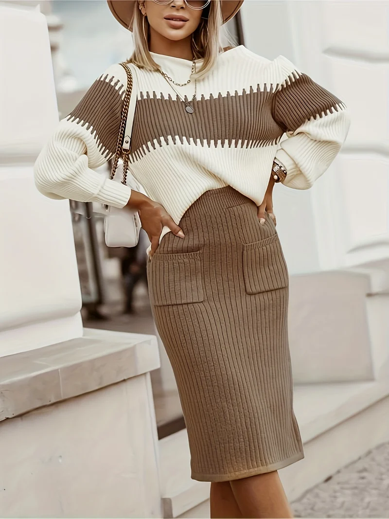 Set Di Due Pezzi Casual A Costine, Maglione Lavorato A Maglia A Blocchi Di Colore E Completi Di Gonne In Maglione Longuette Tinta Unita, Abbigliamento Femminile