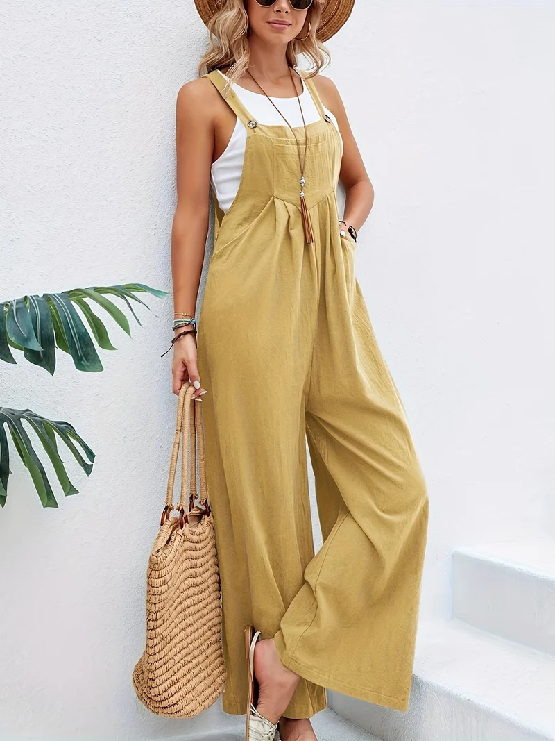 Tuta boho a tinta unita lunga smanicata, tuta baggy casual con tasche, abbigliamento da donna