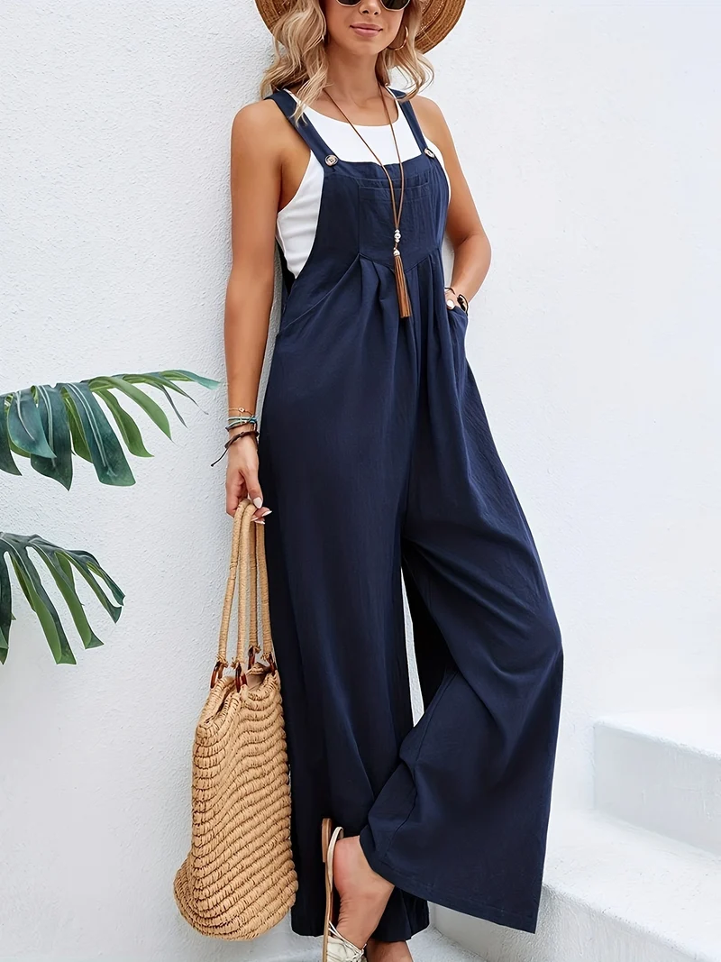 Tuta boho a tinta unita lunga smanicata, tuta baggy casual con tasche, abbigliamento da donna