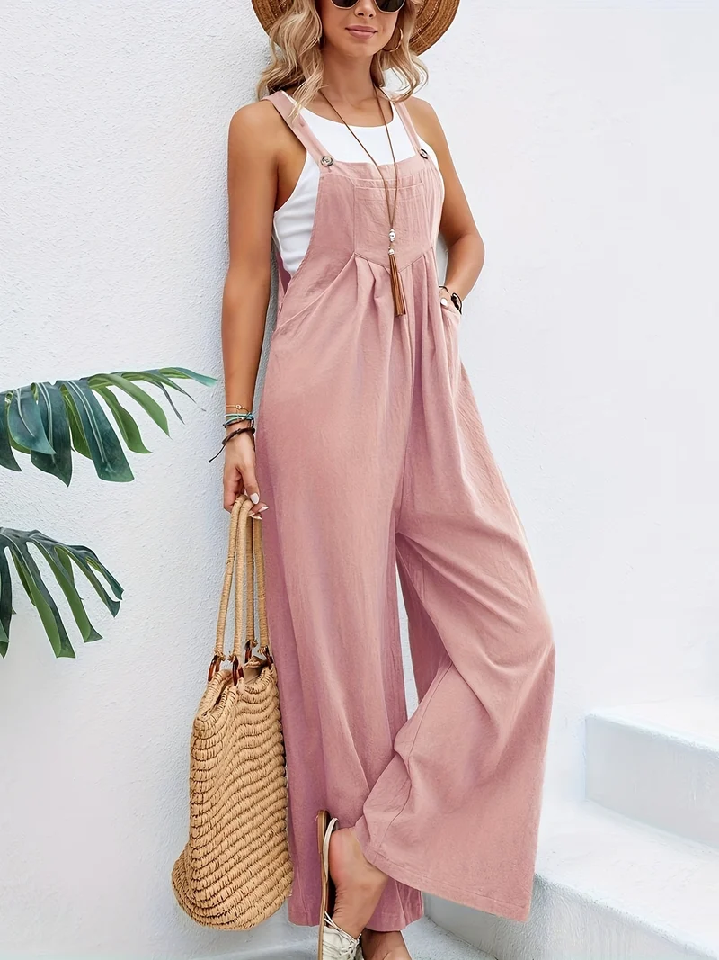 Tuta boho a tinta unita lunga smanicata, tuta baggy casual con tasche, abbigliamento da donna
