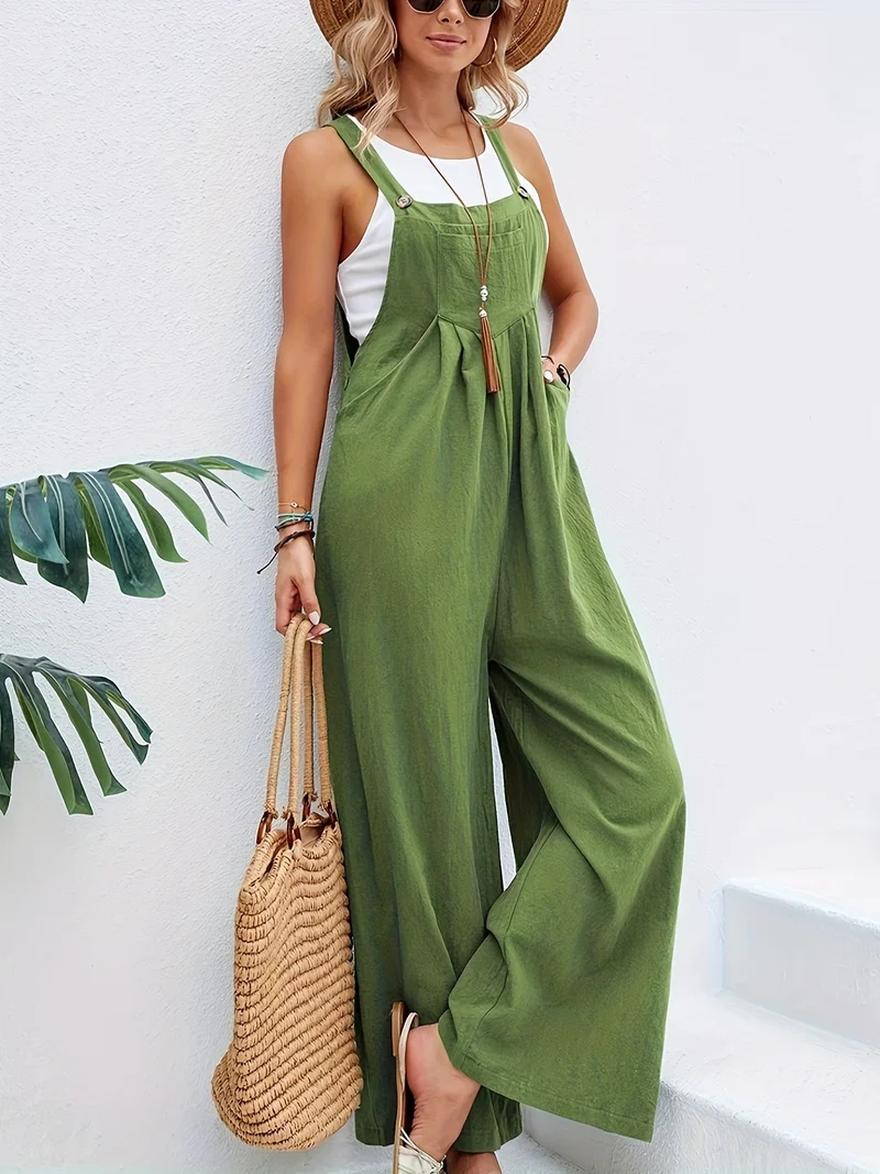 Tuta boho a tinta unita lunga smanicata, tuta baggy casual con tasche, abbigliamento da donna