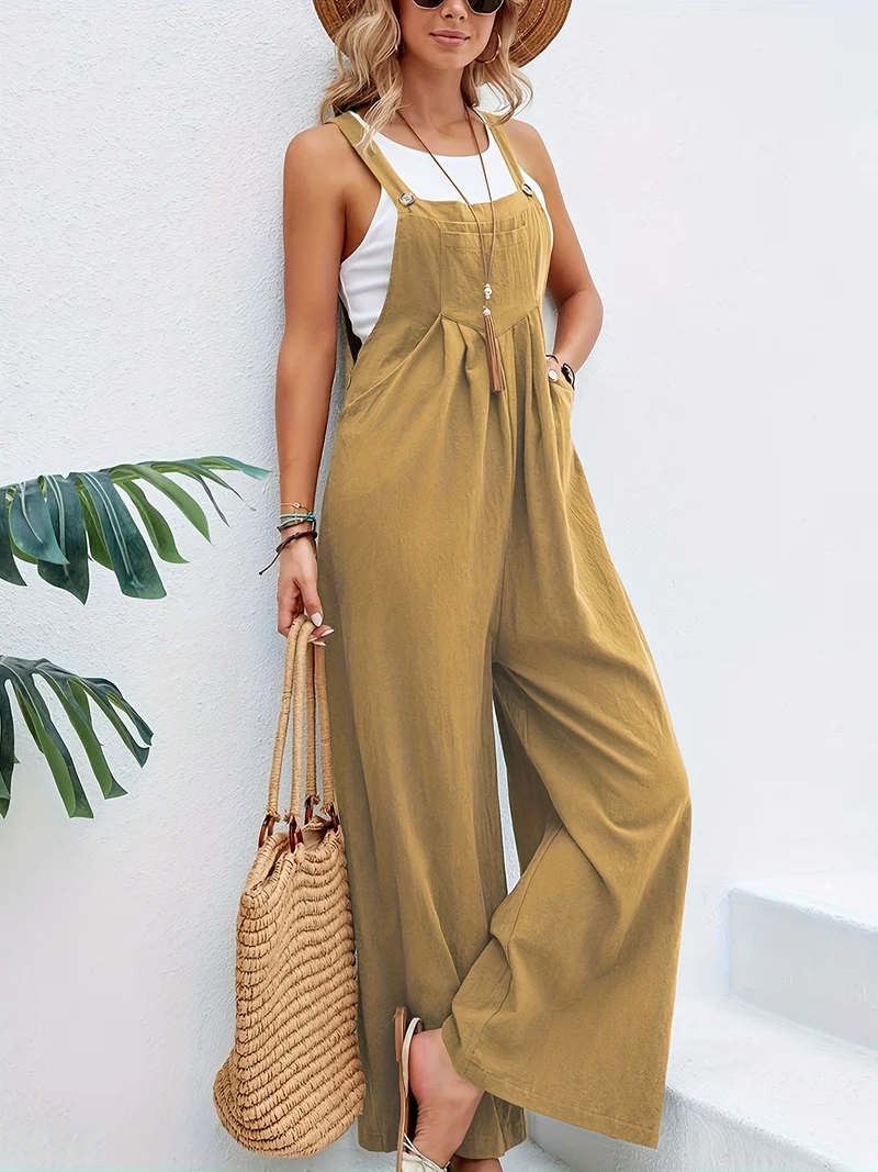 Tuta boho a tinta unita lunga smanicata, tuta baggy casual con tasche, abbigliamento da donna
