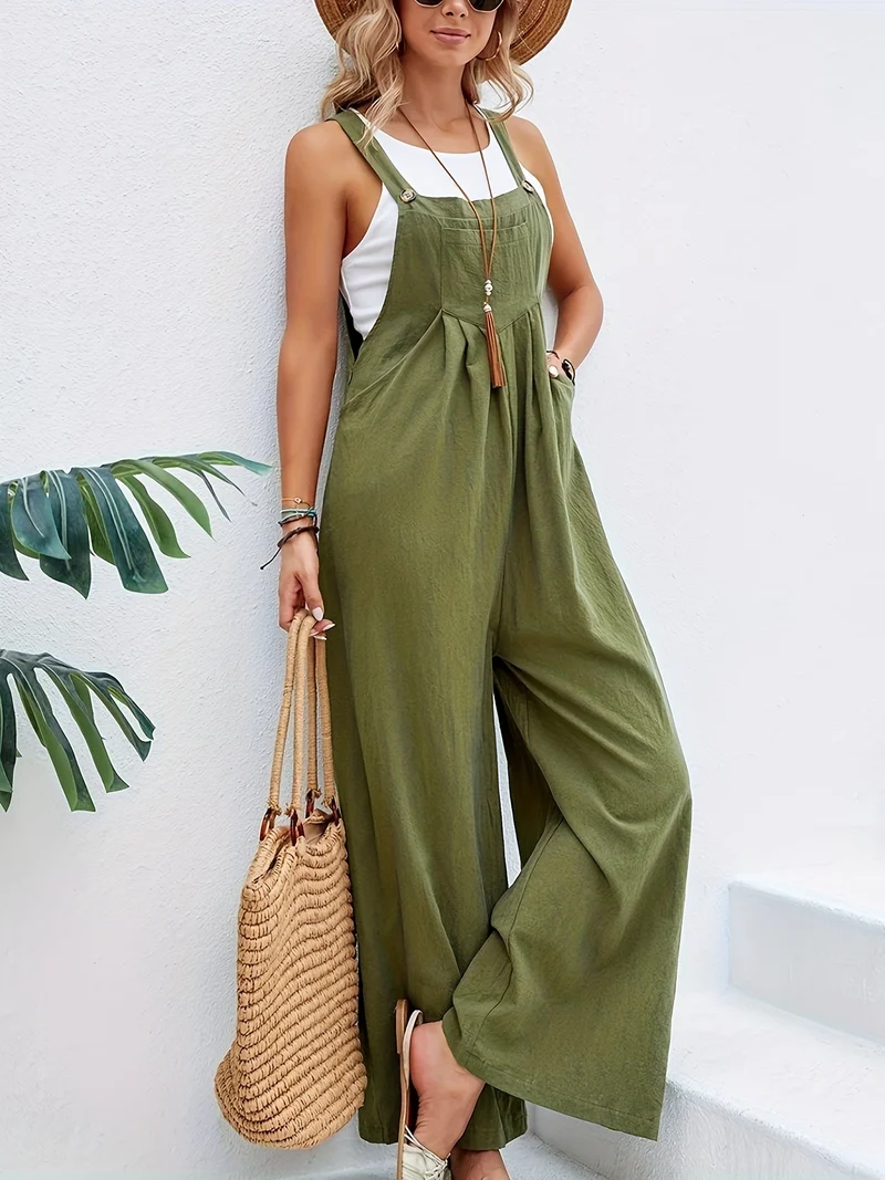 Tuta boho a tinta unita lunga smanicata, tuta baggy casual con tasche, abbigliamento da donna