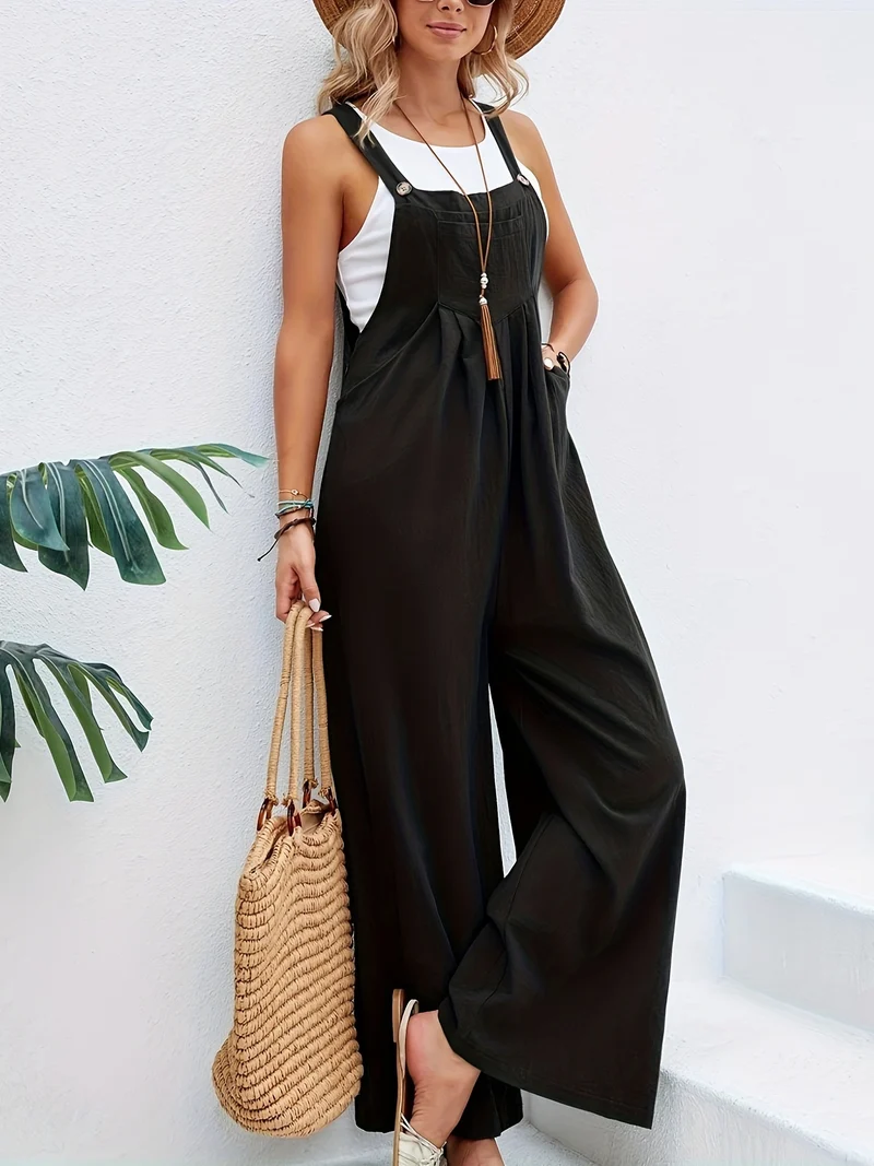 Tuta boho a tinta unita lunga smanicata, tuta baggy casual con tasche, abbigliamento da donna